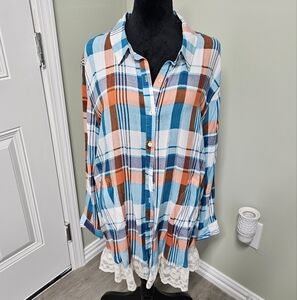 Umgee Plaid Button Down Tunic Flirty Lace Hem